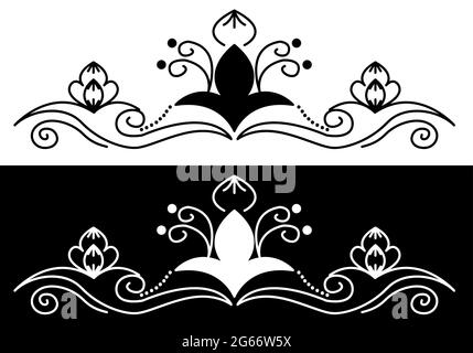 Indian Cultural Beautiful Alpona design concept of floral art isolated on black and white background Stock Vector