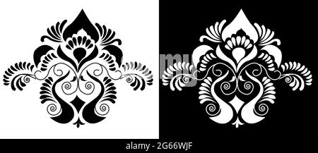 Indian Cultural Beautiful Alpona design concept of floral art isolated on black and white background Stock Vector