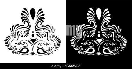 Indian Cultural Beautiful Alpona design concept of floral art isolated on black and white background Stock Vector