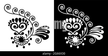 Indian Cultural Beautiful Alpona design concept of floral art isolated on black and white background Stock Vector