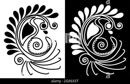 Indian Cultural Beautiful Alpona design concept of floral art isolated on black and white background Stock Vector