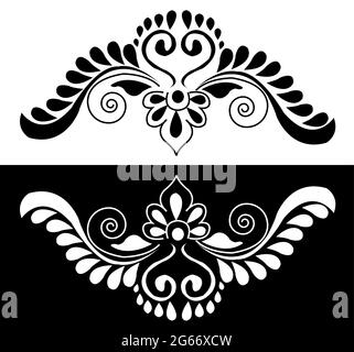 Indian Cultural Beautiful Alpona design concept of floral art isolated on black and white background Stock Vector