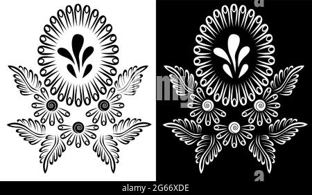 Indian Cultural Beautiful Alpona design concept of floral art isolated on black and white background Stock Vector