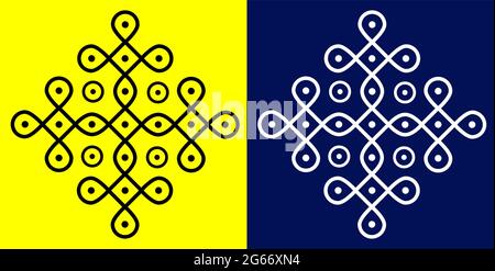 Indian Traditional and Cultural Rangoli or Kolam design concept of curved lines and dots isolated on black and white background Stock Vector