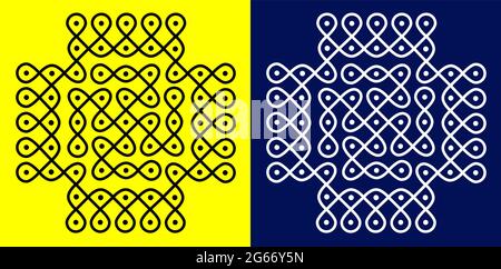 Indian Traditional and Cultural Rangoli or Kolam design concept of curved lines and dots isolated on black and white background Stock Vector