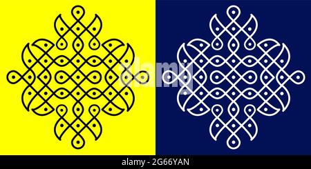Indian Traditional and Cultural Rangoli or Kolam design concept of curved lines and dots isolated on black and white background Stock Vector