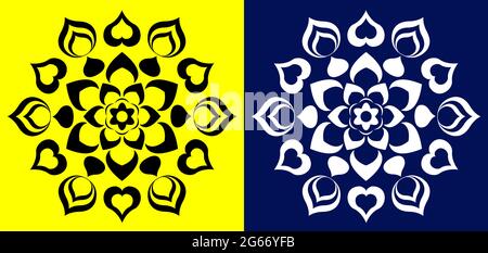 Indian Traditional and Cultural Rangoli Mandala design concept of floral line art isolated on yellow and blue background Stock Vector