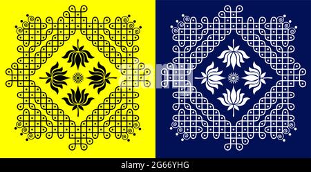 Indian Traditional and Cultural Rangoli or Kolam design concept of curved lines and dots isolated on yellow and blue background Stock Vector
