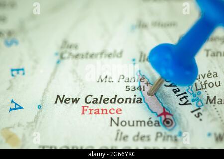 Location New Caledonia France, map with push pin closeup, travel and journey concept Stock Photo