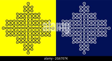 Indian Traditional and Cultural Rangoli or Kolam design concept of curved lines and dots isolated on black and white background Stock Vector