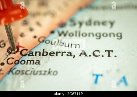 Location Canberra in Australia, map with push pin closeup, travel and journey concept Stock Photo