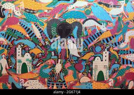Colourful Style Of Abstract Painting Popular By Essaouira Artists, Morocco Stock Photo