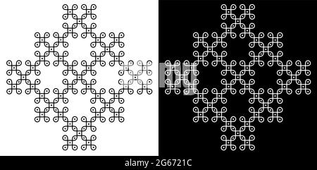 Indian Traditional and Cultural Rangoli design concept of curved lines and dots isolated on black and white background Stock Vector