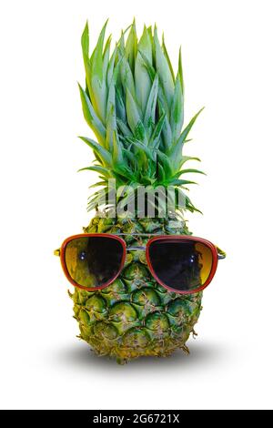 Pineapple wearing red sunglasses on isolated white background with clipping path, minimal concept Stock Photo