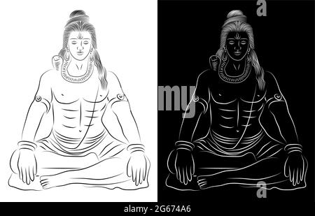 Digital art abstract painting of Indian Meditating God Shiva line art is isolated on black and white background - vector illustration Stock Vector