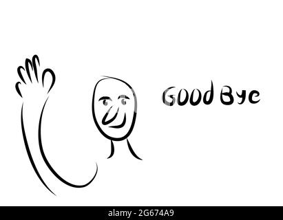 Digital black and white art of funny man face with hand saying good bye - vector illustration art Stock Vector