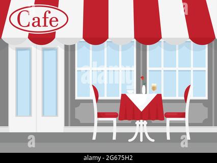 Vector illustration of street cafe with red and white striped awning, with table, chairs, and coffee. Cafe of restaurant exterior in flat cartoon Stock Vector