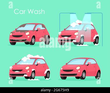 Vector illustration of car wash concept. Washing car process service, red car in soap and water on green background in flat cartoon style. Stock Vector