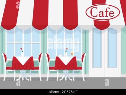 Vector illustration of cafe or restaurant table with chairs, umbrella standing outside . Cafe exterior in cartoon flat style. Stock Vector