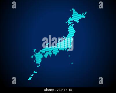 Honey Comb or Hexagon textured map of Japan Country isolated on dark blue background - vector illustration Stock Vector