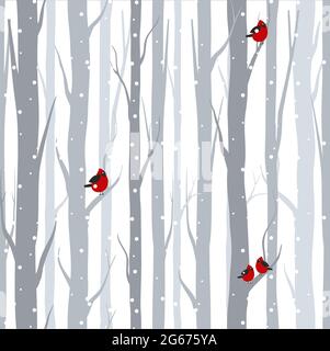 Vector illustration of seamless pattern with grey trees birches and red birds in winter time with snow in flat cartoon style. Stock Vector