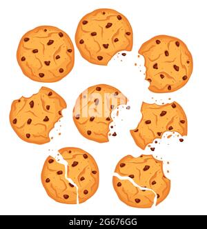 Vector illustration of chocolate cookies set. Different shapes oatmeal cookies with chocolate drops and crumbs isolated on white background. Stock Vector