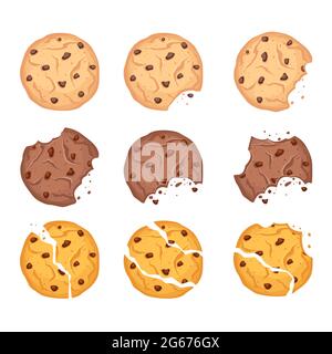 Vector illustration set of different shapes oatmeal, chocolate and wheaten cookies with chocolate drops and crumbs isolated on white background. Stock Vector
