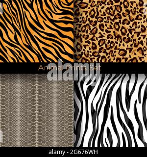 Vector illustration set of animal skin seamless patterns. Tiger, zebra, snake and leopard skins patterns collection. Stock Vector