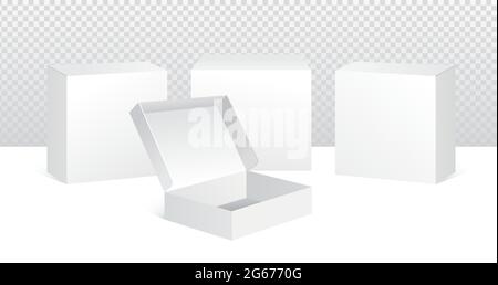 Vector illustration set of white product packaging boxes on white transparent background. Stock Vector