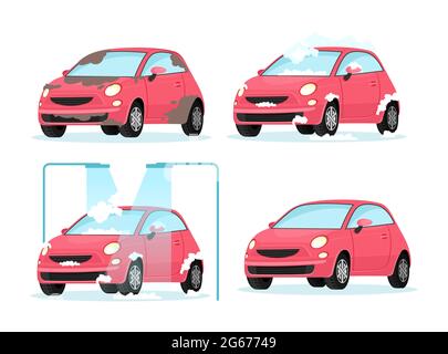 Vector illustration of washing dirty car process. Concept for car washing service on white background in flat cartoon style. Stock Vector