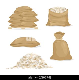 Vector illustration set of rice in bags and rice grain, cereals in cartoon style on white background. Stock Vector