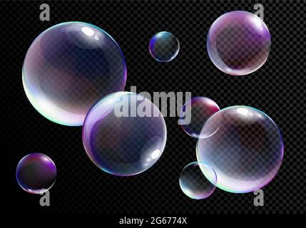 Vector illustration set of realistic bright soap bubbles with rainbow colors on transparent black background. Stock Vector