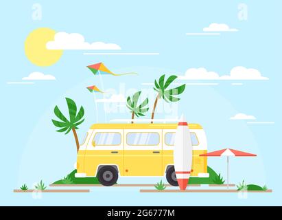 Vector illustration of Surfing bus on palm beach, summer concept. Vintage yellow trailer with surfing board, trip concept, summertime. Stock Vector