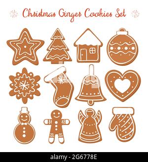 Vector illustration set of Christmas Gingerbread set with white decorative glaze. Ginger cookies in Christmas style isolated on white background in Stock Vector
