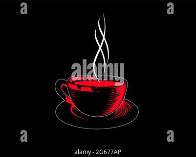 Coffee cup with red shadow and white vapours isolated on black background - vector illustration Stock Vector