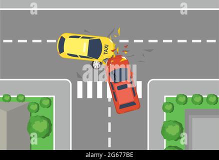 Vector illustration of car crash road accident, top view. Flat cartoon style car crash concept, yellow and red cars wreck. Stock Vector
