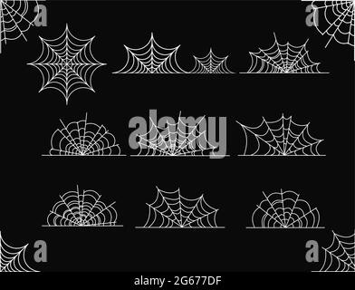 Vector illustration set of spider web of different shapes on black background. Stock Vector