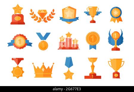 Vector illustration set of awards icons, golden cups for winners and champions. Bright golden reward collection in flat style. Stock Vector