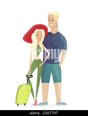 Vector illustration of traveling young couple with travel bag. Smiling happy young woman and man on white background in flat cartoon style. Stock Vector