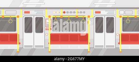Vector illustration interior of empty subway train. Modern city public transport, Underground train in flat cartoon style with red seats. Stock Vector