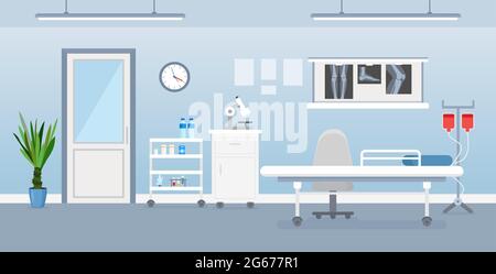 Vector illustration of hospital room interior with medical tools, bed and table. Room in hospital in flat cartoon style. Stock Vector