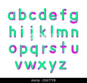 Vector illustration of soft flexible neon 3D font small letters. Alphabet isolated on a white background Matte liquid Purple and green colors. Stock Vector