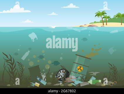 Vector illustration of ocean water full of dangerous waste at the bottom. Eco, water pollution concept. Garbage in the water, flat style. Stock Vector