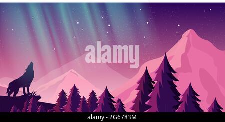 Vector illustration of beautiful northern lights in night sky over the mountains. View of the forest, wolf in the mountains. Stock Vector