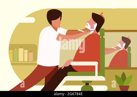 Illustration of a man getting shaved in a barber shop Stock Vector