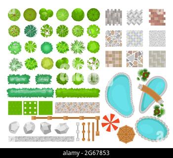 Vector illustration set of bright colorful parck elements for landscape design. Top view of trees, plants, outdoor furniture, architectural elements Stock Vector