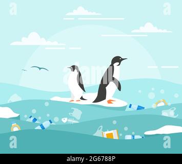 Vector illustration concept of ocean pollution with plastic waste. Penguins on the small piece of ice and lot of waste around in the water Stock Vector