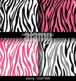 Vector illustration set of African zebra patterns in white, black and pink colors. Seamless zebra skin texture patterns collection. Stock Vector