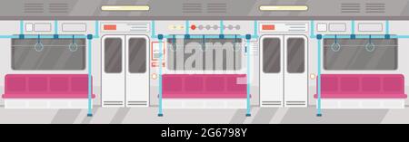 Vector illustration of empty of modern subway interior. City public transport concept, underground tram interior with colorful seats in flat cartoon Stock Vector