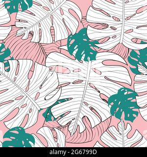 Vector illustration of seamless exotic floral pattern with green and white monstera leaves on pink background, tropical plants pattern in flat style. Stock Vector